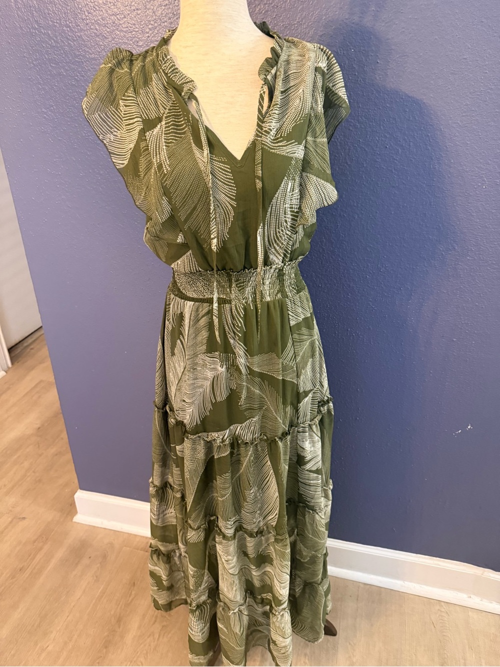 Olive Green Feather-Print Tiered Maxi Dress with Smocked Waist